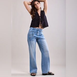 TOXIK3 Paris Jeans European Blue Wide-Leg Stretch with Double Waist and Seams 12